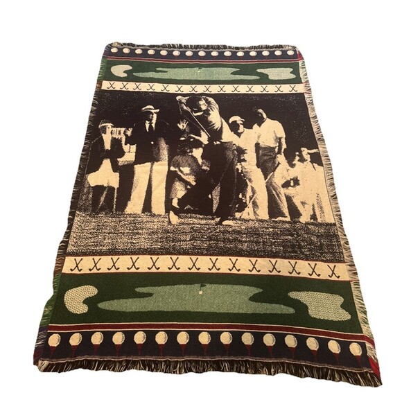 VTG Golf Themed Tapestry Woven Throw Blanket 69” L X 48”W Golf Lover Fan Office - Picture 1 of 4